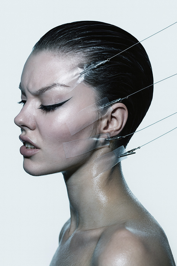 Side profile of a white woman deplicting endoscopic Facelift